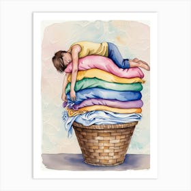 Child Sleeping On A Pile Of Laundry Art Print