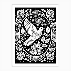 B&W Bird Linocut Dove 1 Art Print