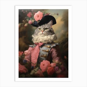 Cat With Flowers Rococo Style Art Print