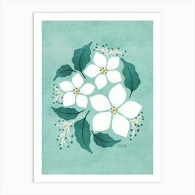 White Flowers on Duck Egg Blue Art Print