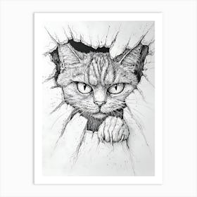 Angry Cat Watching from Wall Hole 7 Art Print