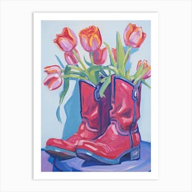 A Painting Of Cowboy Boots With Tulips Flowers, Fauvist Style, Still Life 1 Art Print