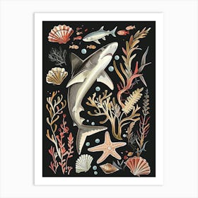 Blacktip Reef Shark Seascape Black Background Illustration 2 Art Print