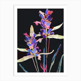 Neon Flowers On Black Lavender 4 Art Print