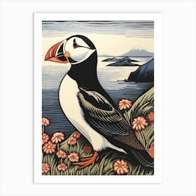 Vintage Bird Linocut Puffin 1 Art Print