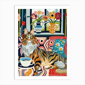 Tea Time With A Maine Coon Cat 1 Art Print