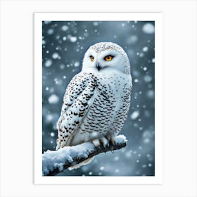 Serene Snowy Owl Perched On A Branch During A Snowstorm, Hyperrealistic Detail Art Print