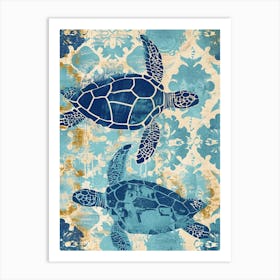 Two Blue Sea Turtles Cyanotype Inspired Art Print