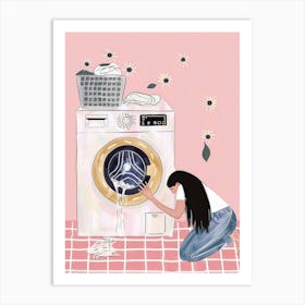 Illustration Of A Woman Washing Clothes Art Print