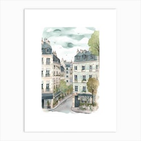 Paris France Cafe Scene Illustration Sage Blue Watercolour 3 Art Print