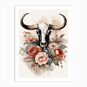 Vintage Boho Bull Skull Flowers Painting (8) Art Print