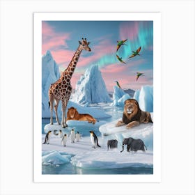 A Surreal South Pole Landscape Where Various Animals Art Print