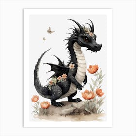 Cute Black Baby Dragon Flowers Painting (1) Art Print