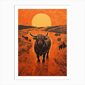 Highland Cattle, Woodblock Animal Drawing 1 Art Print