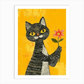 Cat Holding Flower Art Print