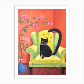 Black Cat Sitting In An Green Sofa Art Print