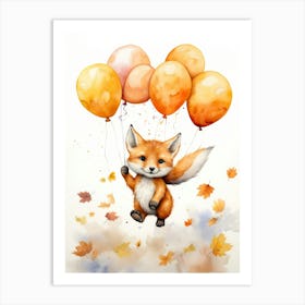 Red Fox Flying With Autumn Fall Pumpkins And Balloons Watercolour Nursery 2 Art Print