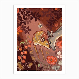 Doe And Fawn In Autumn Woods Art Print