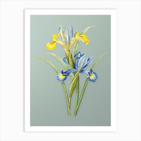 Vintage Spanish Iris Botanical Art on Mint Green n.0073 Art Print