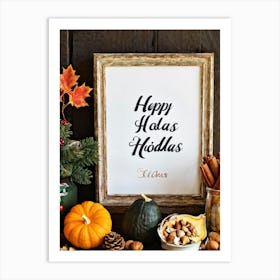 Cursive Calligraphy Depicting Happy Holidays Nestled Among A Vintage Wood Framed Composition Feat (1) Art Print