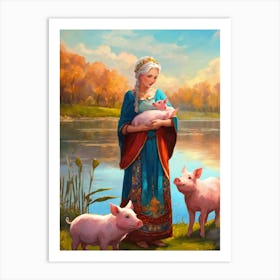 Woman With Pigs Art Print