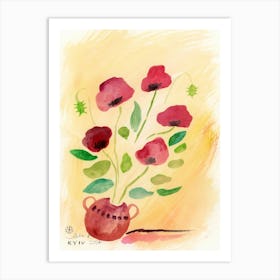 Red Poppies - watercolor painting floral art vertical hand painted living room bedroom orange yellow red Art Print