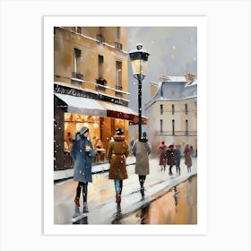 Paris cafes, winter season, Christmas, autumn oil colors, pale colors, pedestrians in the street, winter clothes, falling snow.Christmas decorations.7 2 Art Print