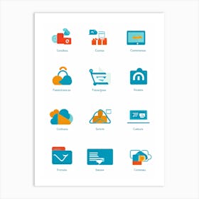 A Collage Of Flat Design Icons Representing Web Browsing E Commerce Transactions Digital Storefron (5) Art Print