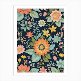Painted Spring and Summer Flowers Boho Pattern - Navy Background Pink Yellow Orange Bohemian Wallpaper Art Like Amy Butler and William Morris Fabric Print For Lunar Pagan Gallery Feature Wall Floral Botanical Luna Lover HD Art Print