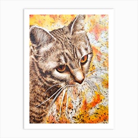 Gray Tabby Cat on Yellow and Orange Art Print