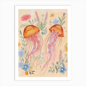 Folksy Floral Animal Drawing Jellyfish 5 Art Print