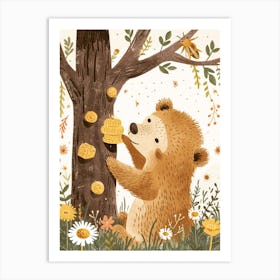 Sloth Bear Cub Playing With A Beehive Storybook Illustration 1 Art Print