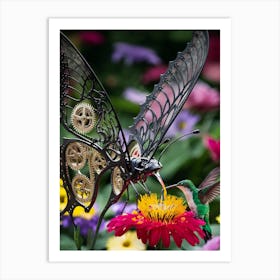 mechanical butterfly vibrant flower tiny hummingbird enchanting atmosphere Art Print