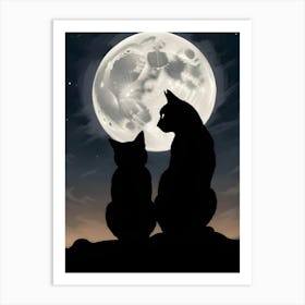 Silhouette Of Two Cats Under A Full Moon 2 Art Print