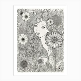 Doodle Girl With Flowers Art Print