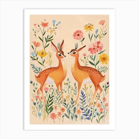 Folksy Floral Animal Drawing Antelope 2 Art Print
