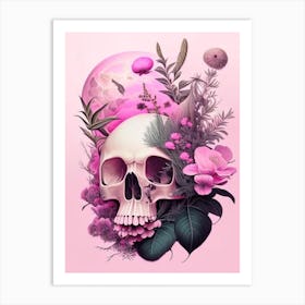 Skull With Celestial Themes 3 Pink Botanical Art Print