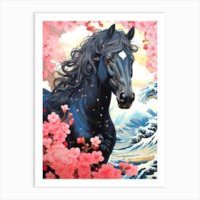 Black Horse With Cherry Blossoms Art Print