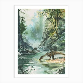 Dinosaur Drinking From A Watering Hole Watercolour Illustration 2 Art Print