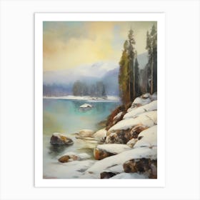 Ancient landscapes, old winter oil paintings and rocks around the lake bank. Snow is falling on the lake, old colors.3 2 Art Print