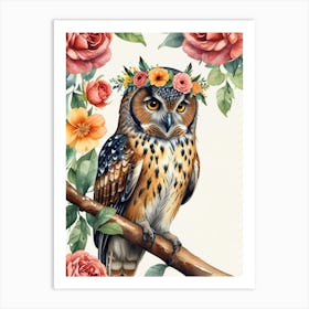 Owl With Roses Art Print