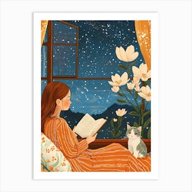 Girl Reading Book with Her Cat 9 Art Print