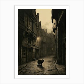 Spooky Black Cat In Smoky Medieval Street Under Spotlight Art Print