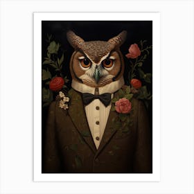 Owl Portrait With Rustic Flowers 3 Art Print