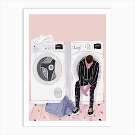 Man Sitting In Front Of Washing Machine 1 Art Print