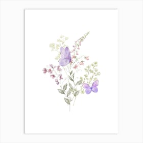 Watercolor Of Purple Flowers And Butterflies Art Print