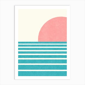 Sunset Beach Horizon Abstract Seascape Minimalism - Pink Turquoise Art Print