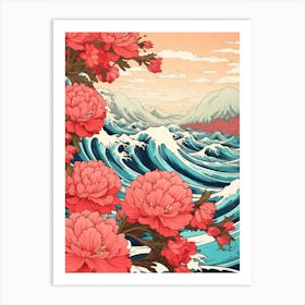 Great Wave With Azalea Flower Drawing In The Style Of Ukiyo E 3 Art Print