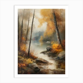 Autumn Lake,Forest Lake, Vintage Oil Painting, Farmhouse Wall Decorations, Antique Landscape, Vintage Landscape Oil Painting.6 Art Print