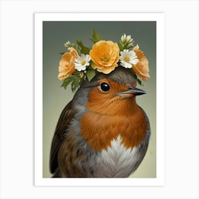 Bird With A Flower Crown European Robin Art Print 5 Art Print